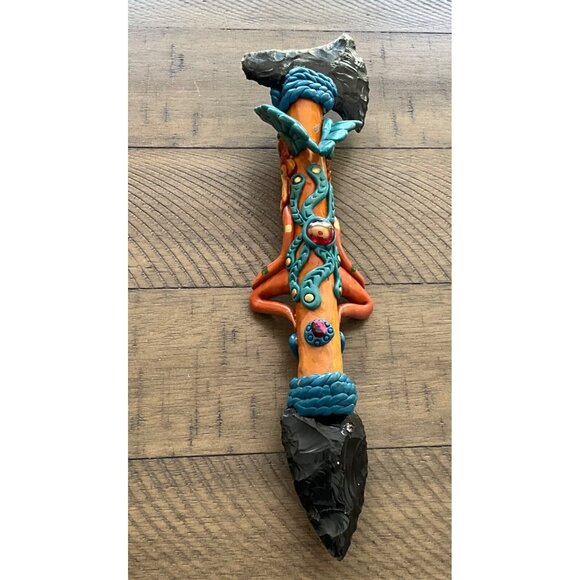 Vintage Mexican  Aztec Warrior Deity Obsidian Sacrifical Axe & Knife Gem Stones - Picture 4 of 9